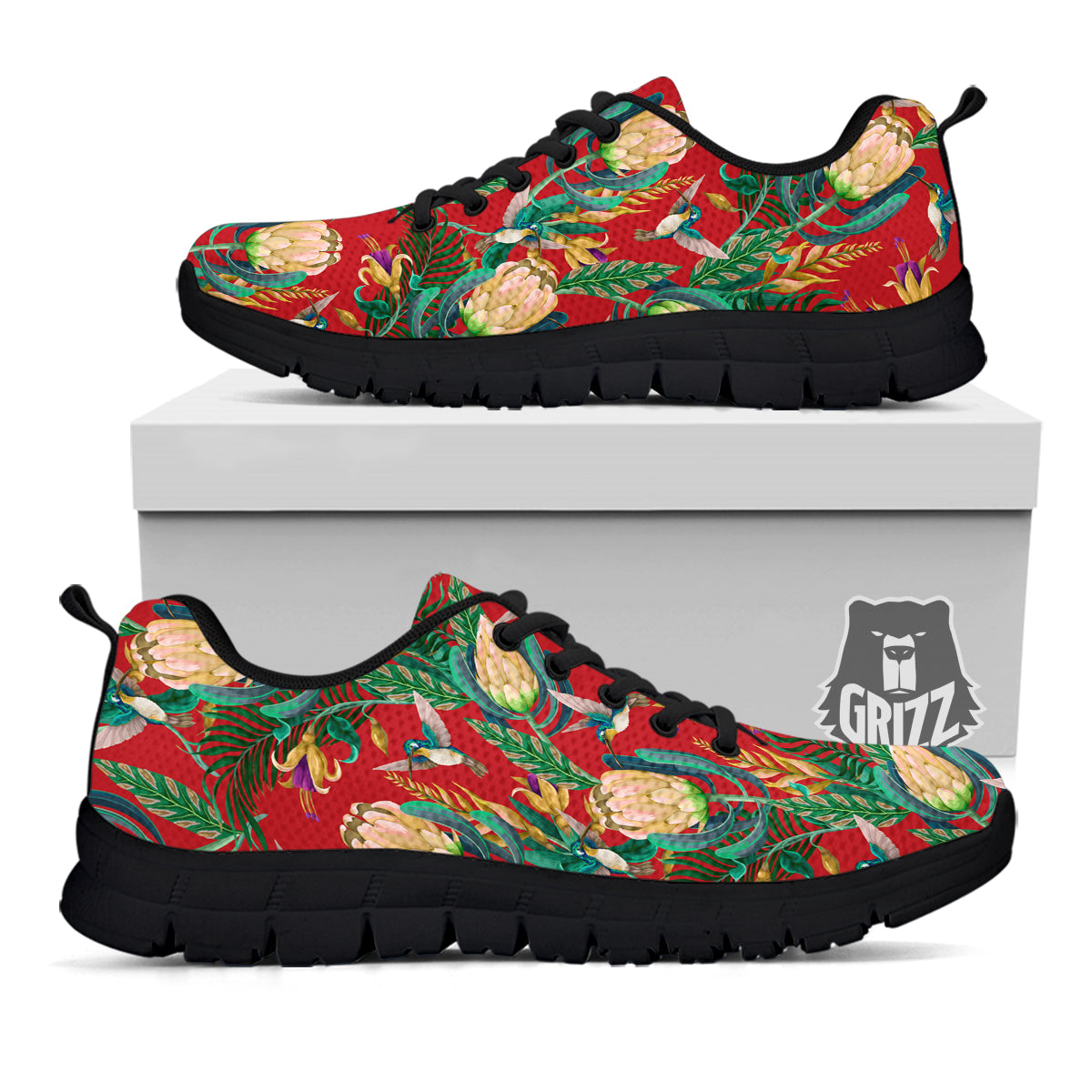 Hummingbird And Wild Flowers Print Pattern Black Sneaker-grizzshop