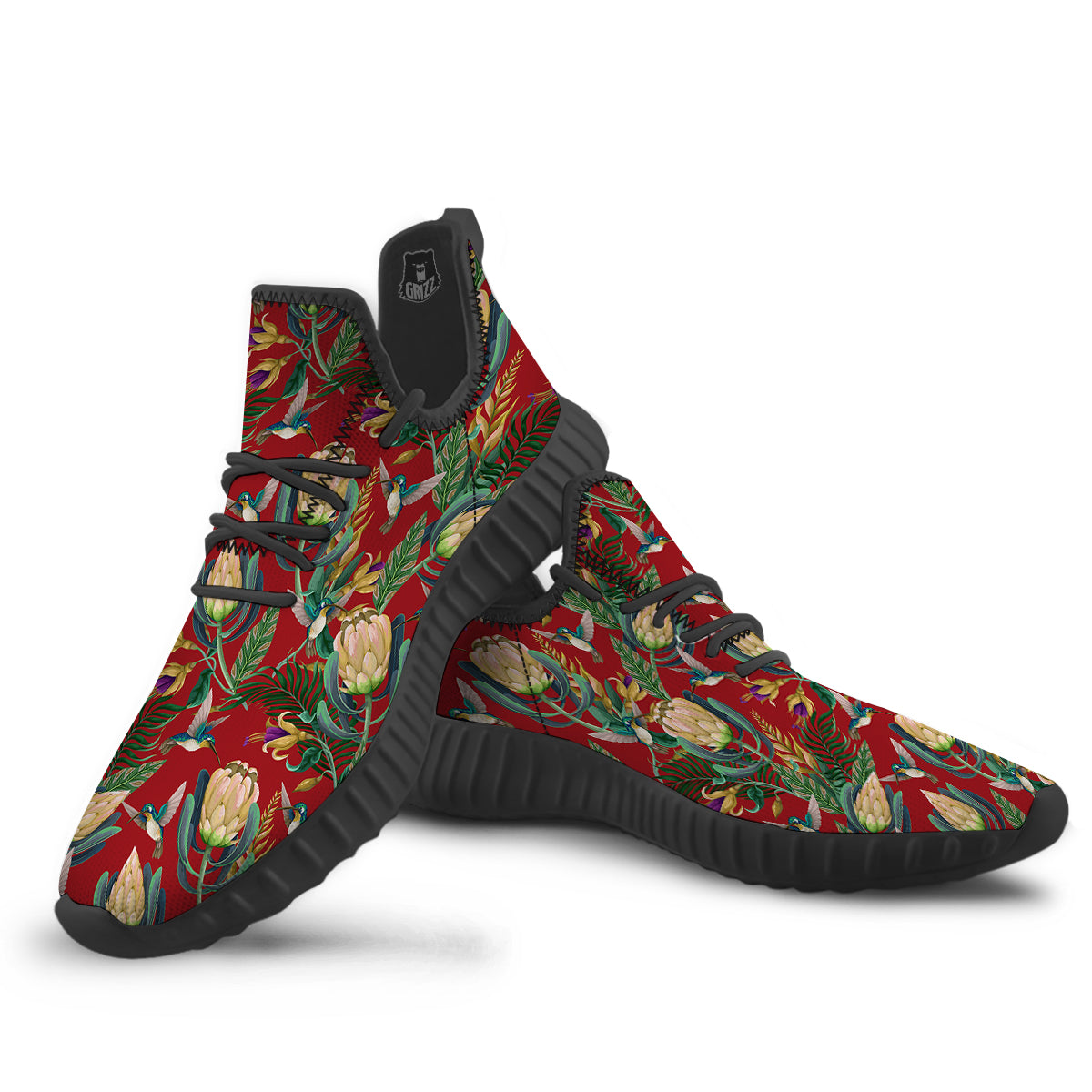 Hummingbird And Wild Flowers Print Pattern Black Walking Shoes-grizzshop