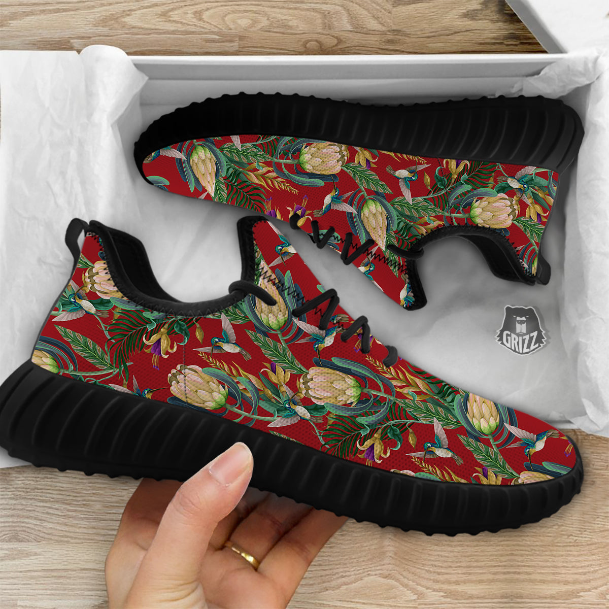 Hummingbird And Wild Flowers Print Pattern Black Walking Shoes-grizzshop