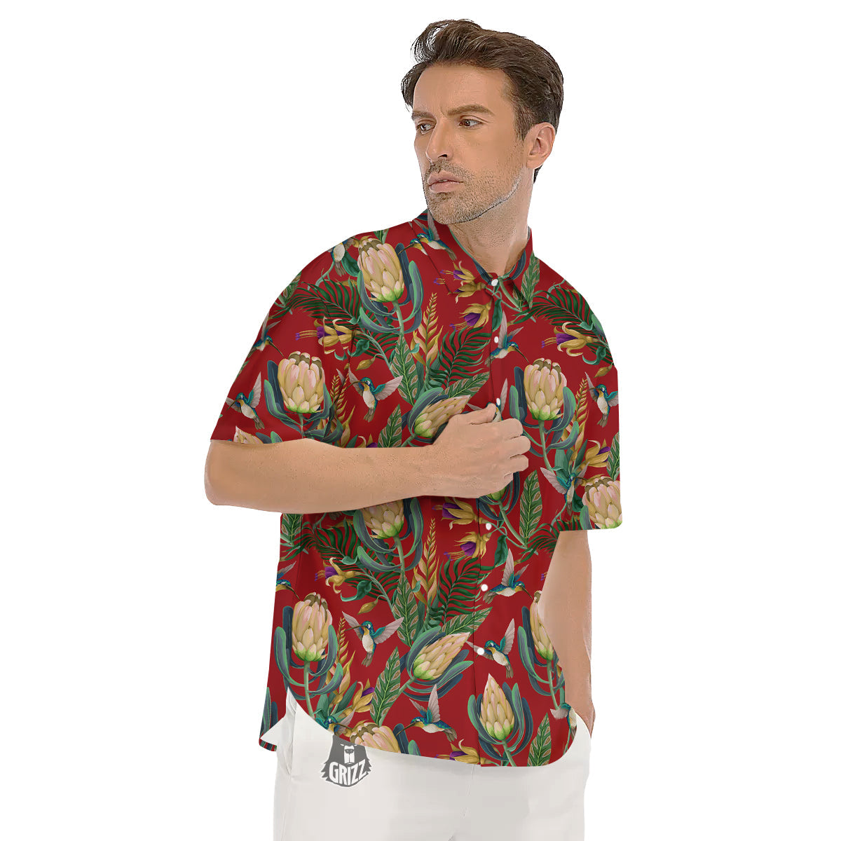 Hummingbird And Wild Flowers Print Pattern Men's Short Sleeve Shirts-grizzshop