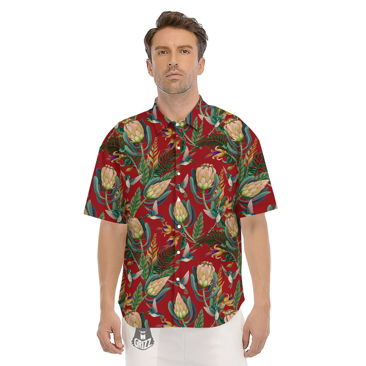 Hummingbird And Wild Flowers Print Pattern Men's Short Sleeve Shirts-grizzshop