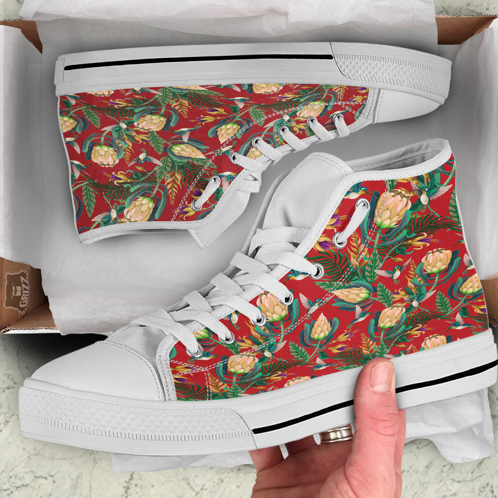 Hummingbird And Wild Flowers Print Pattern White High Top Shoes-grizzshop