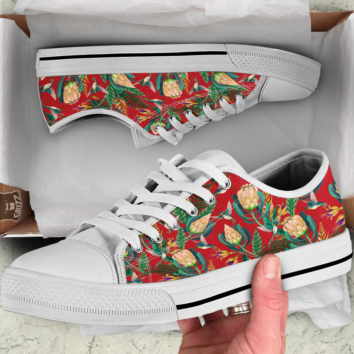 Hummingbird And Wild Flowers Print Pattern White Low Top Shoes-grizzshop