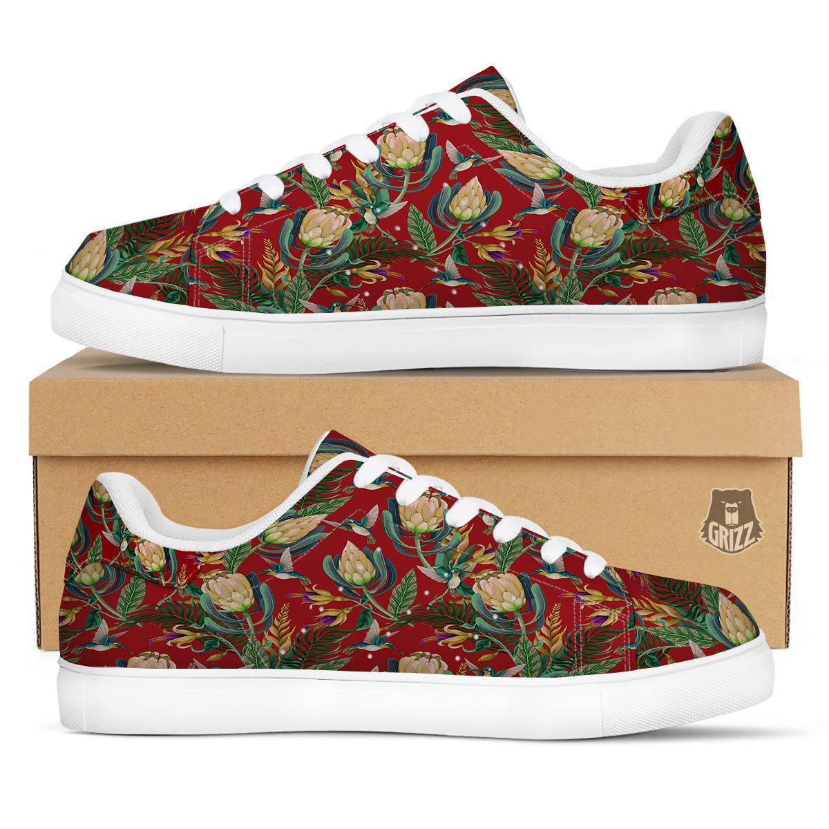 Hummingbird And Wild Flowers Print Pattern White Low Top Sneakers-grizzshop