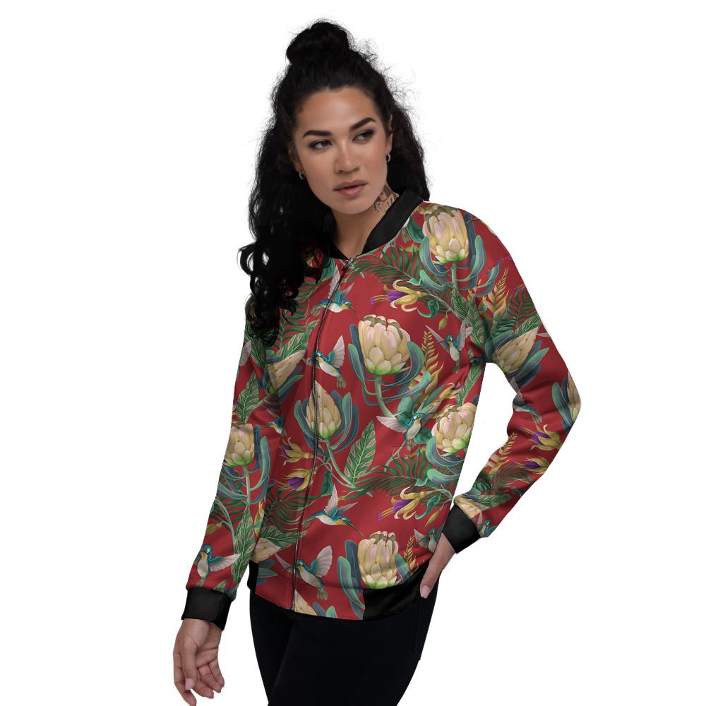 Hummingbird And Wild Flowers Print Pattern Women's Bomber Jacket-grizzshop