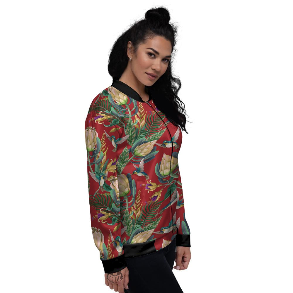 Hummingbird And Wild Flowers Print Pattern Women's Bomber Jacket-grizzshop
