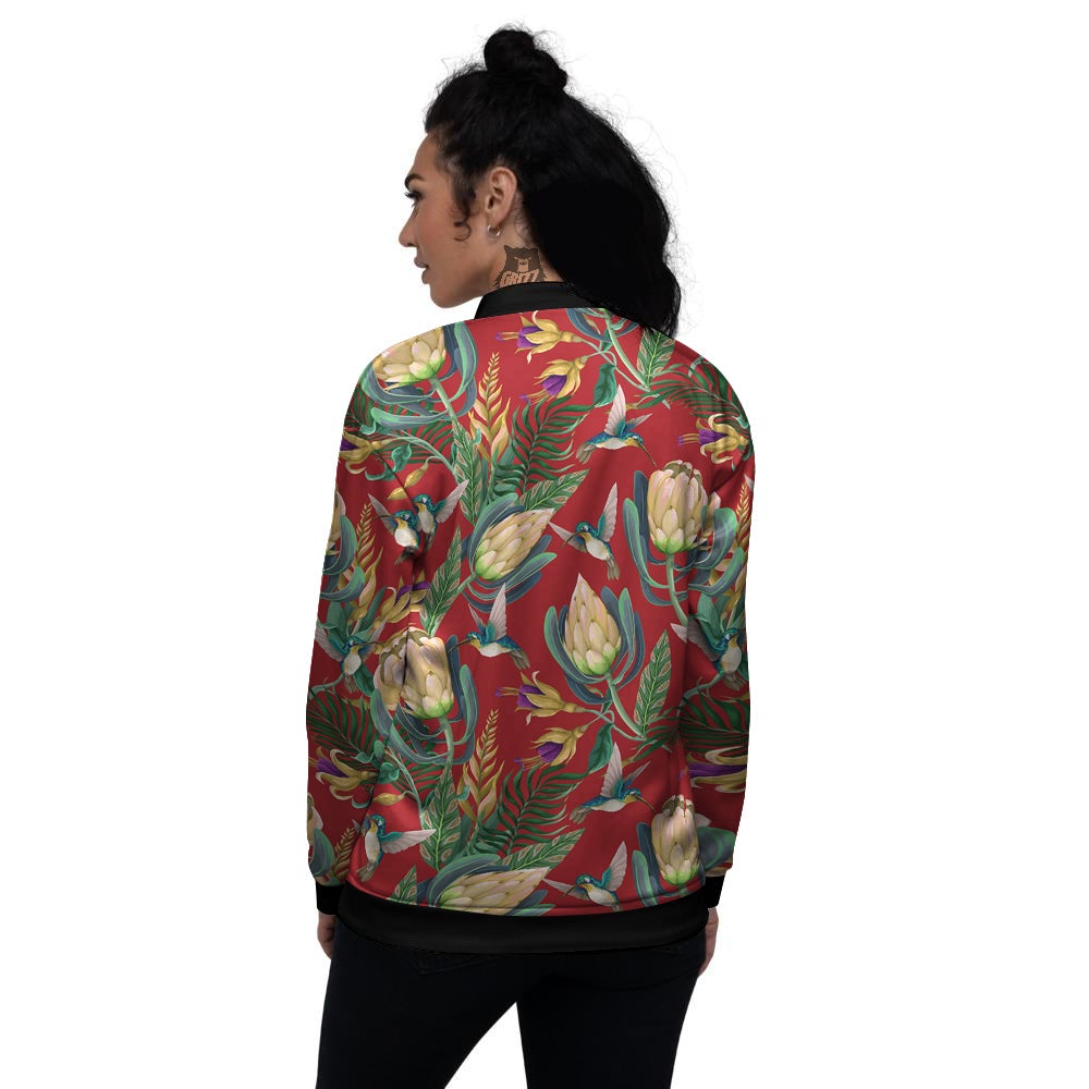 Hummingbird And Wild Flowers Print Pattern Women's Bomber Jacket-grizzshop