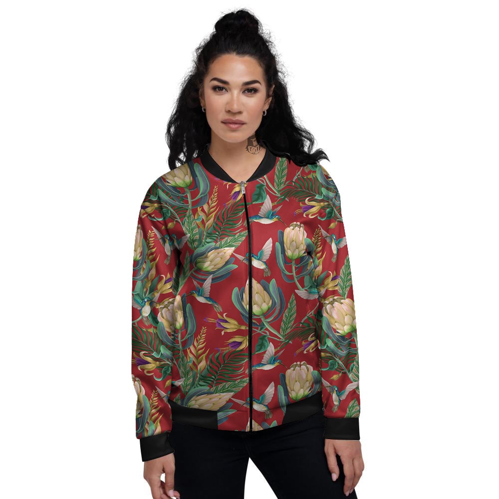 Hummingbird And Wild Flowers Print Pattern Women's Bomber Jacket-grizzshop