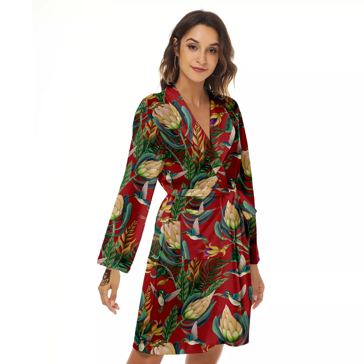 Hummingbird And Wild Flowers Print Pattern Women's Robe-grizzshop