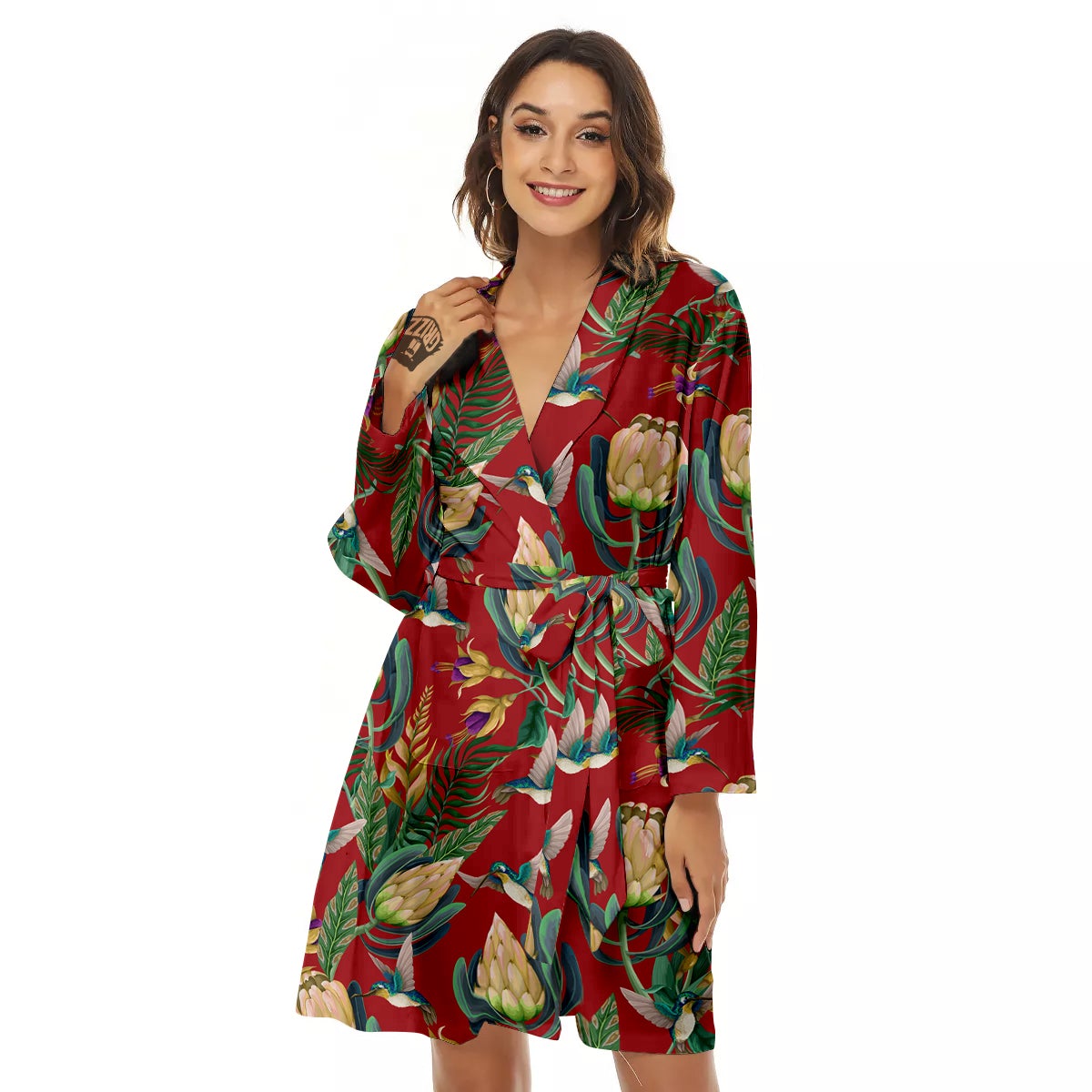 Hummingbird And Wild Flowers Print Pattern Women's Robe-grizzshop