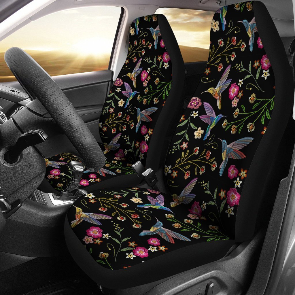 Hummingbird Black Floral Universal Fit Car Seat Cover-grizzshop