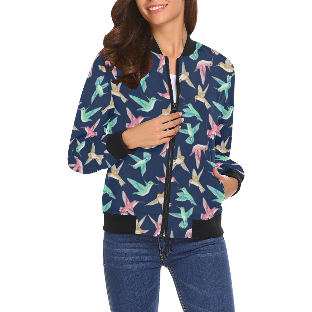 Hummingbird Colorful Pattern Print Women Casual Bomber Jacket-grizzshop