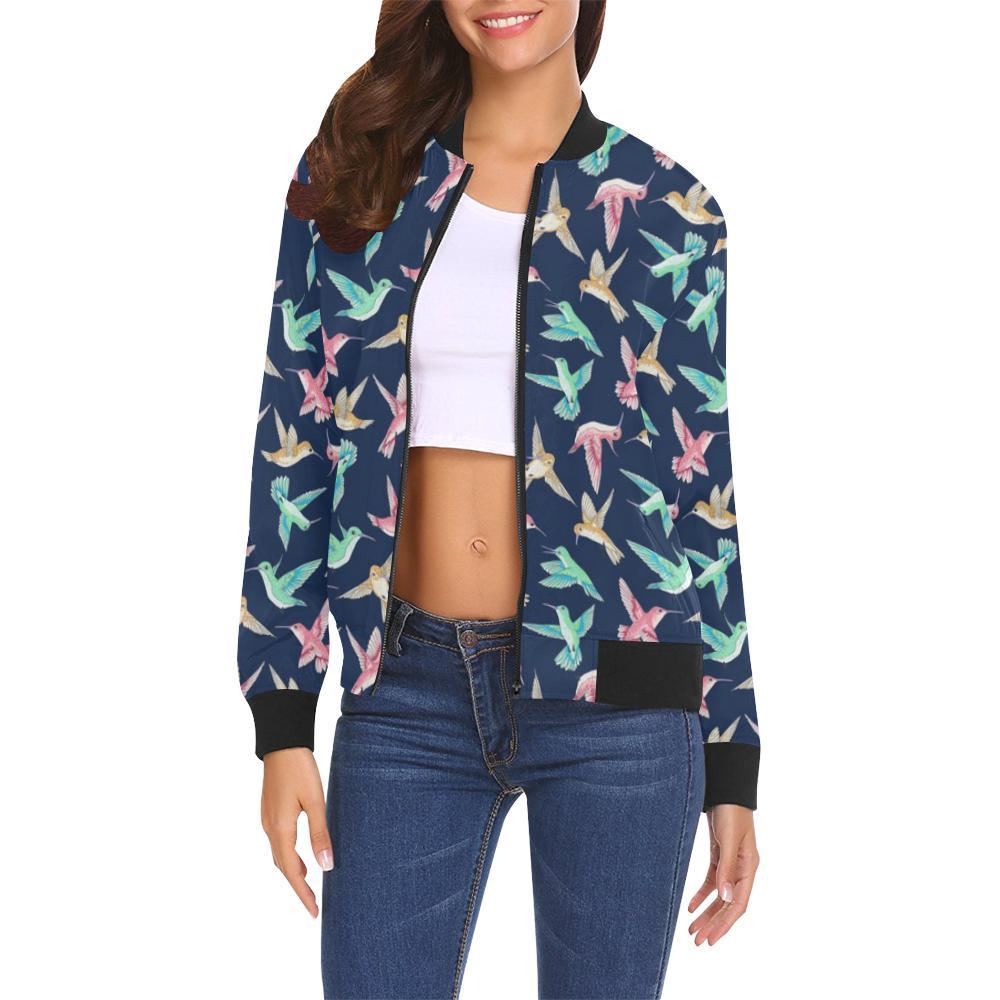 Hummingbird Colorful Pattern Print Women Casual Bomber Jacket-grizzshop