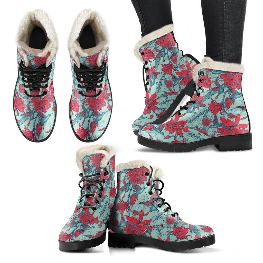 Hummingbird Floral Pattern Print Comfy Winter Boots-grizzshop