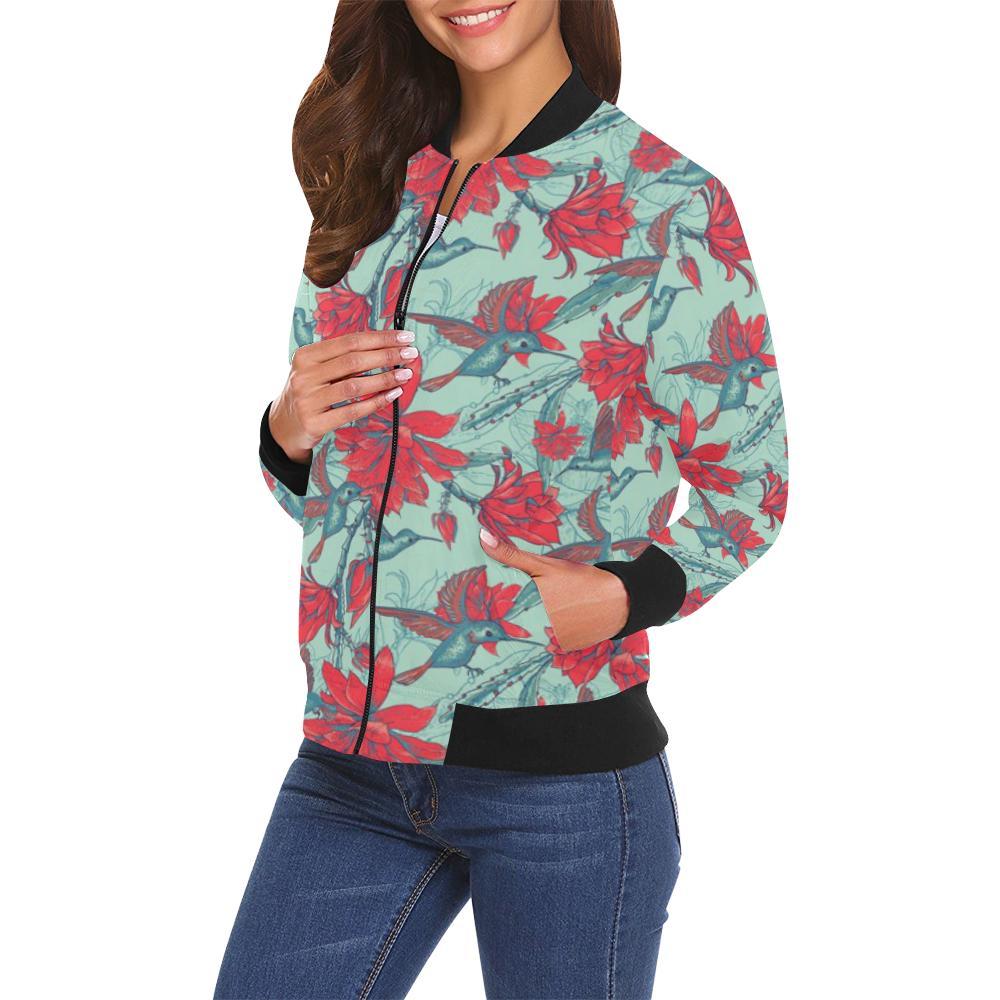 Hummingbird Floral Pattern Print Women Casual Bomber Jacket-grizzshop