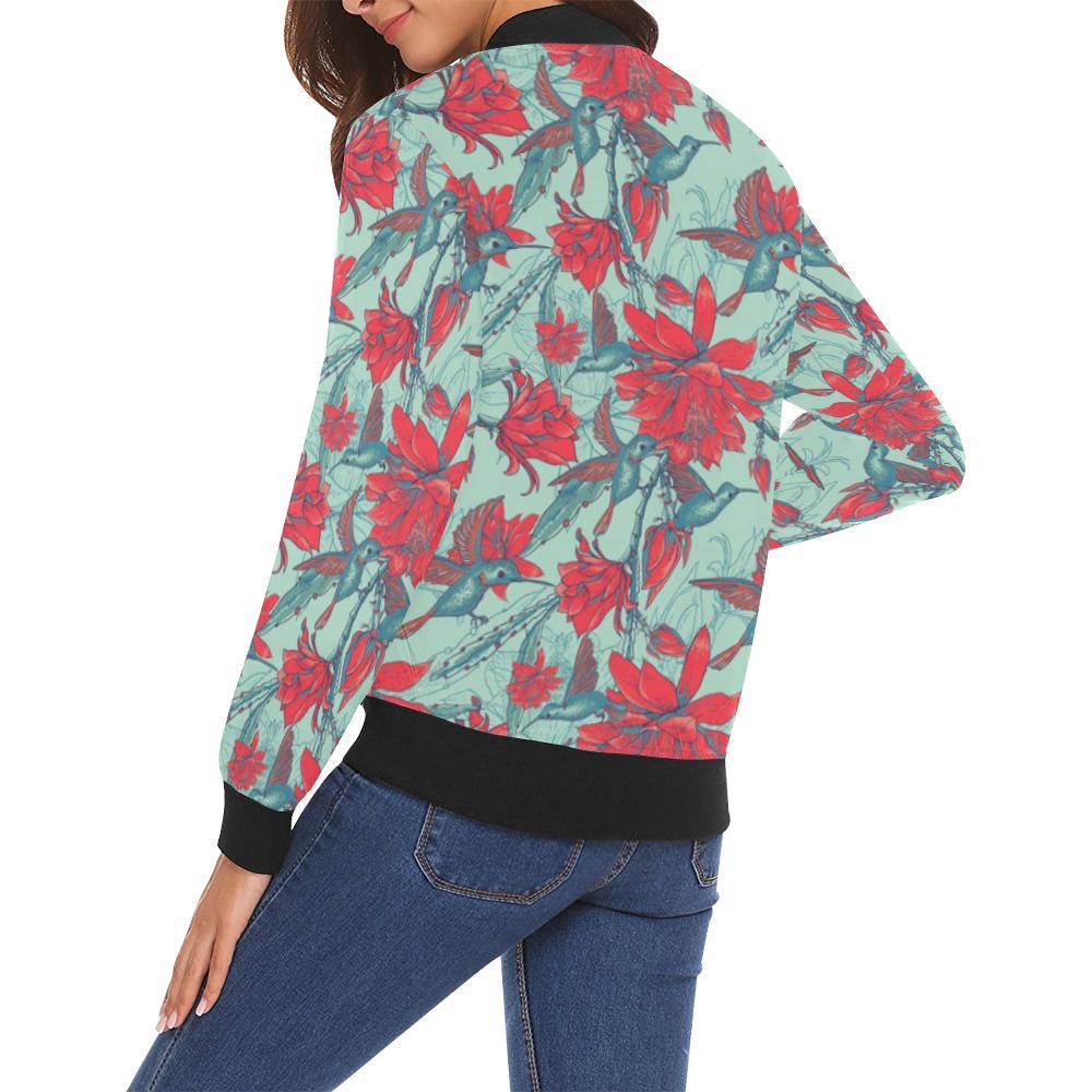 Hummingbird Floral Pattern Print Women Casual Bomber Jacket-grizzshop