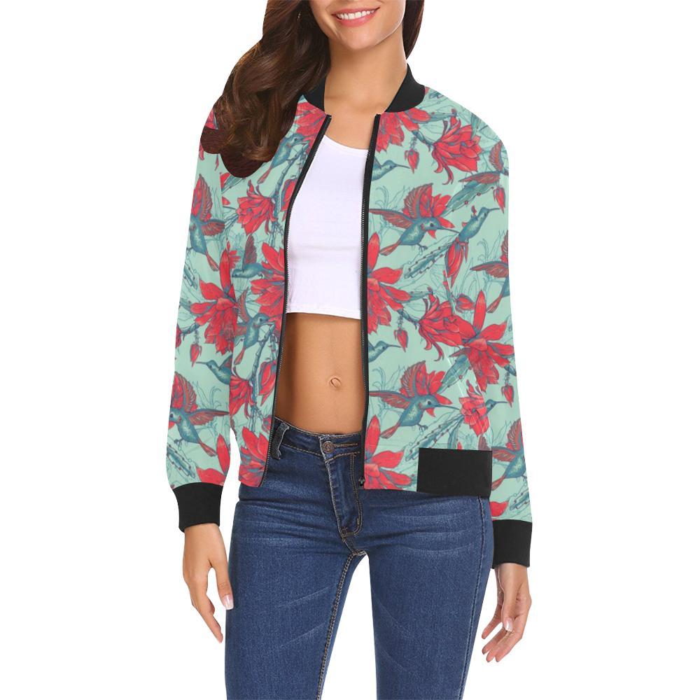 Hummingbird Floral Pattern Print Women Casual Bomber Jacket-grizzshop