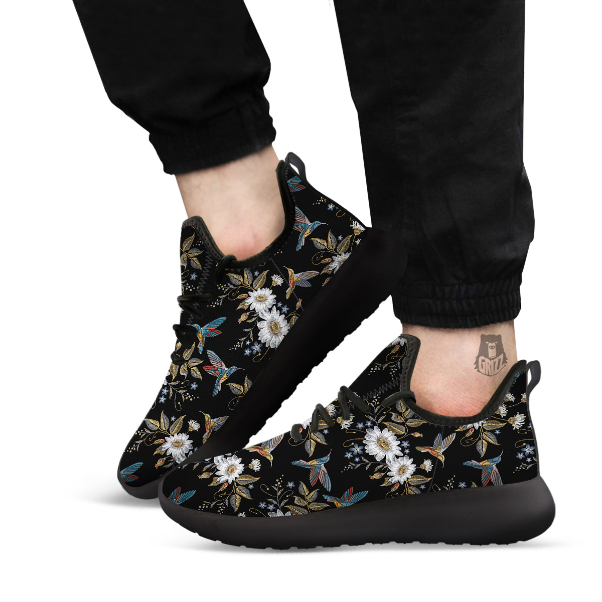 Hummingbird Floral Vintage Print Pattern Black Athletic Shoes-grizzshop