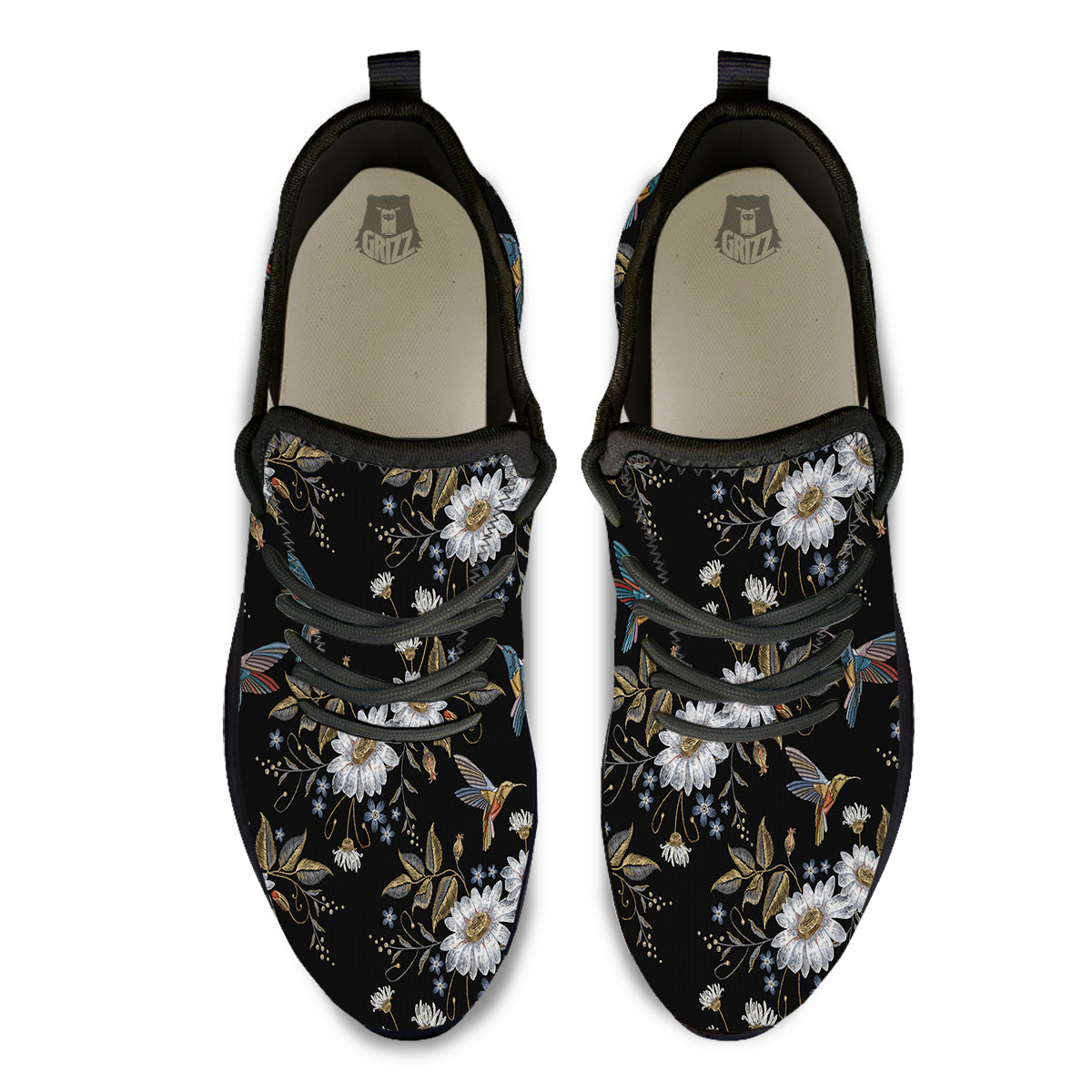 Hummingbird Floral Vintage Print Pattern Black Athletic Shoes-grizzshop