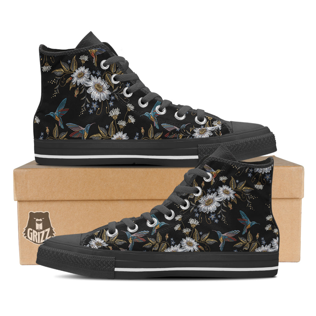 Hummingbird Floral Vintage Print Pattern Black High Top Shoes-grizzshop