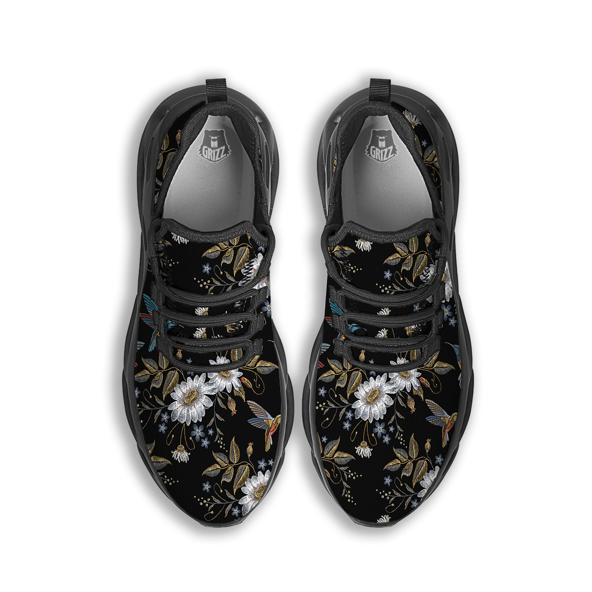 Hummingbird Floral Vintage Print Pattern Black Running Shoes-grizzshop