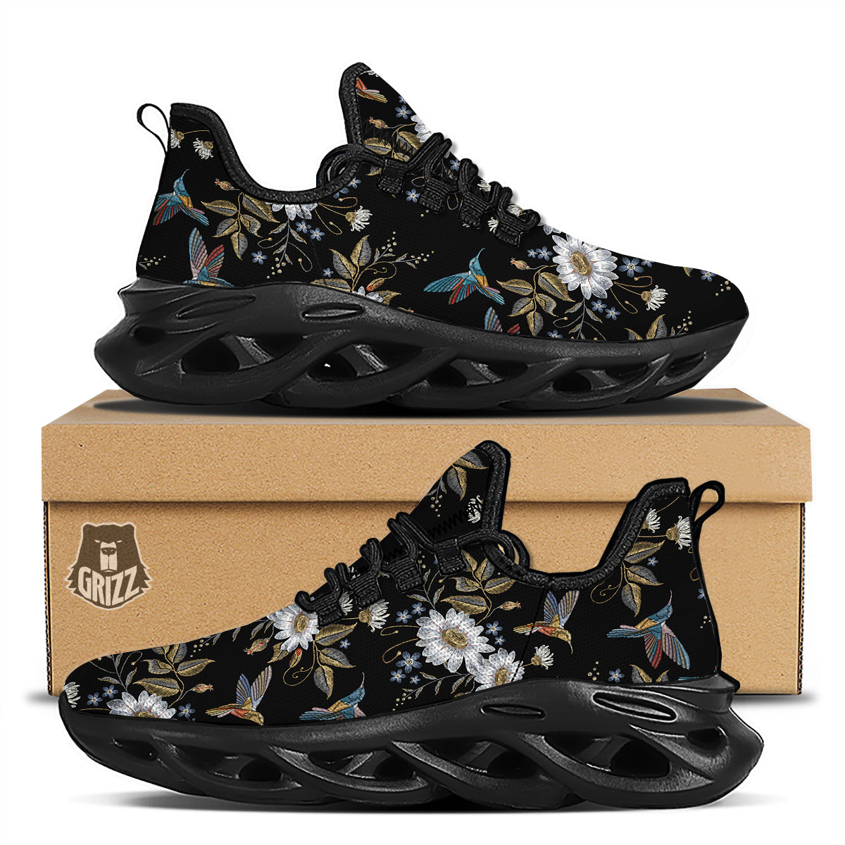 Hummingbird Floral Vintage Print Pattern Black Running Shoes-grizzshop