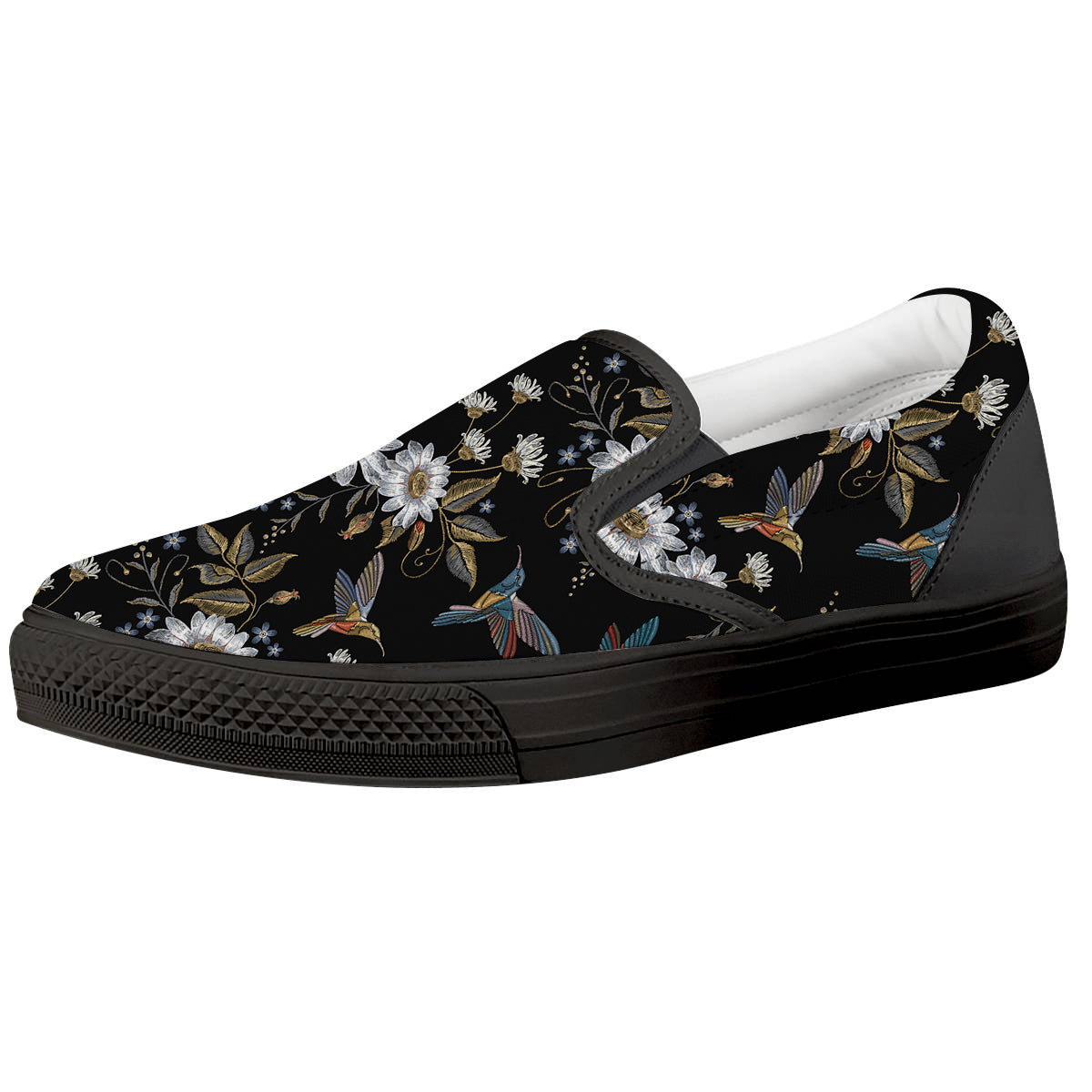 Hummingbird Floral Vintage Print Pattern Black Slip On Shoes-grizzshop