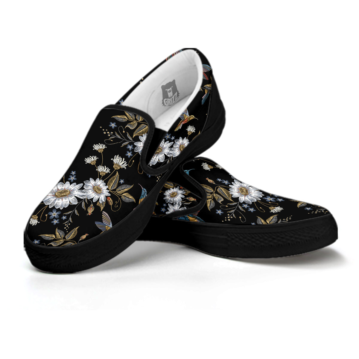 Hummingbird Floral Vintage Print Pattern Black Slip On Shoes-grizzshop