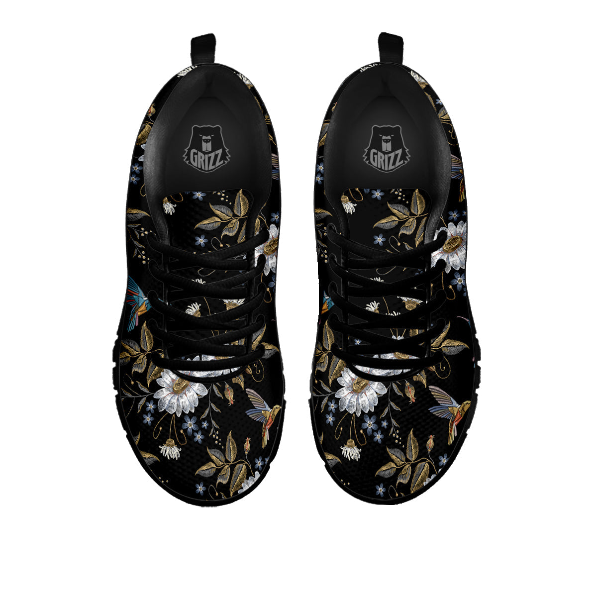 Hummingbird Floral Vintage Print Pattern Black Sneaker-grizzshop