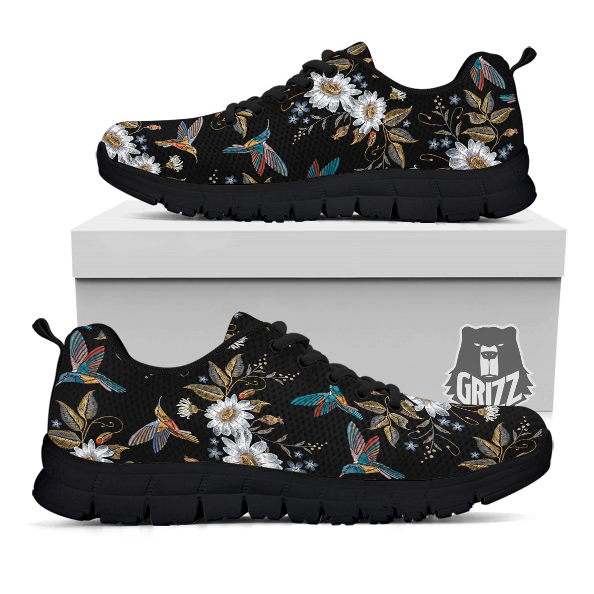 Hummingbird Floral Vintage Print Pattern Black Sneaker-grizzshop