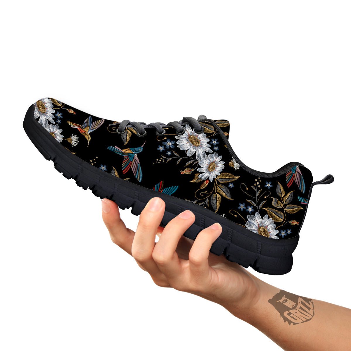 Hummingbird Floral Vintage Print Pattern Black Sneaker-grizzshop