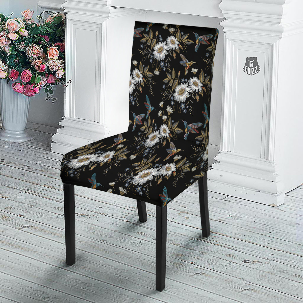 Hummingbird Floral Vintage Print Pattern Dining Chair Slipcover-grizzshop