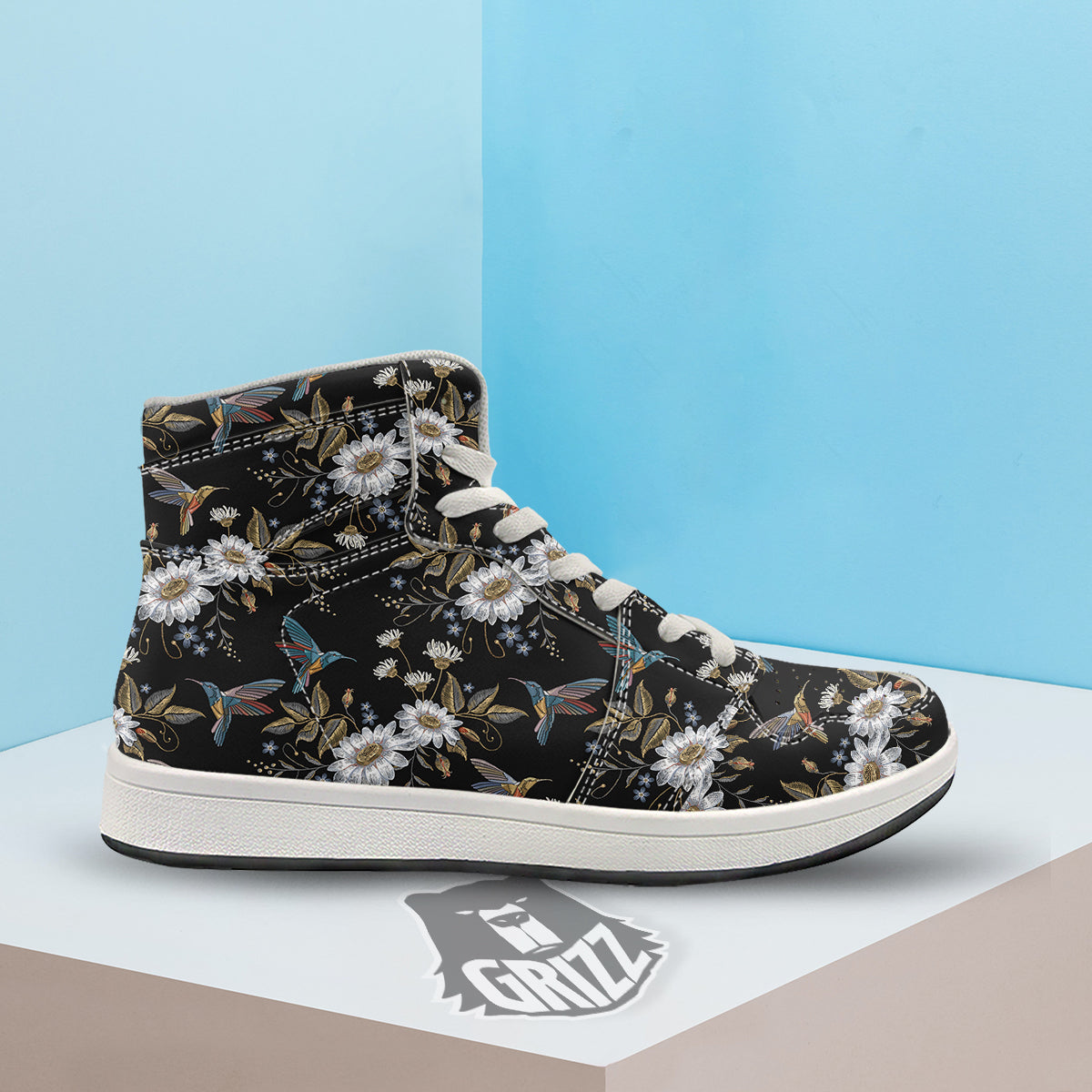 Hummingbird Floral Vintage Print Pattern High Top Sneakers-grizzshop