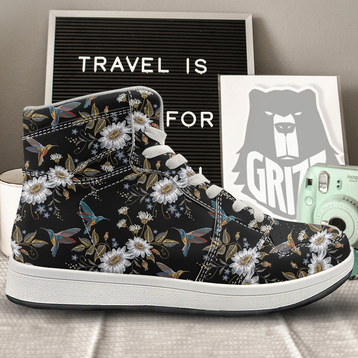 Hummingbird Floral Vintage Print Pattern High Top Sneakers-grizzshop