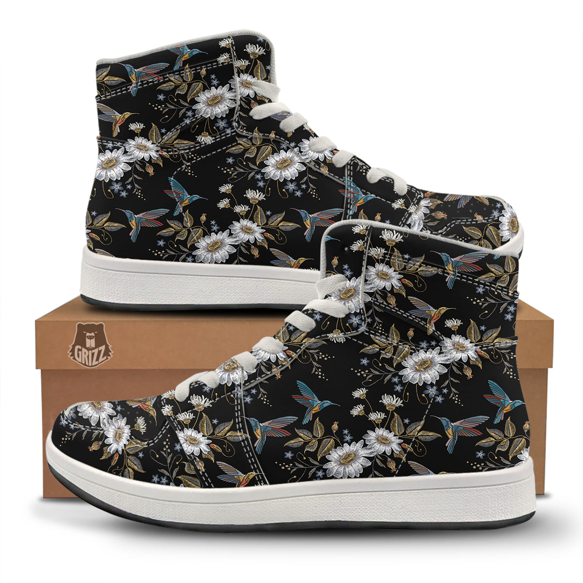 Hummingbird Floral Vintage Print Pattern High Top Sneakers-grizzshop