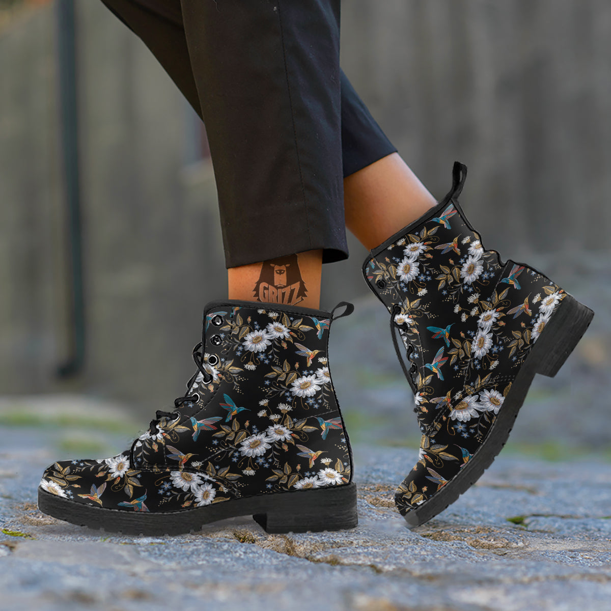 Hummingbird Floral Vintage Print Pattern Leather Boots-grizzshop
