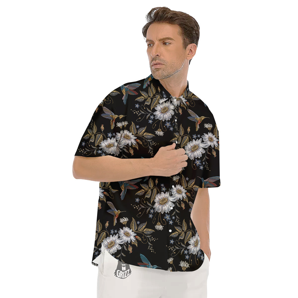 Hummingbird Floral Vintage Print Pattern Men's Short Sleeve Shirts-grizzshop