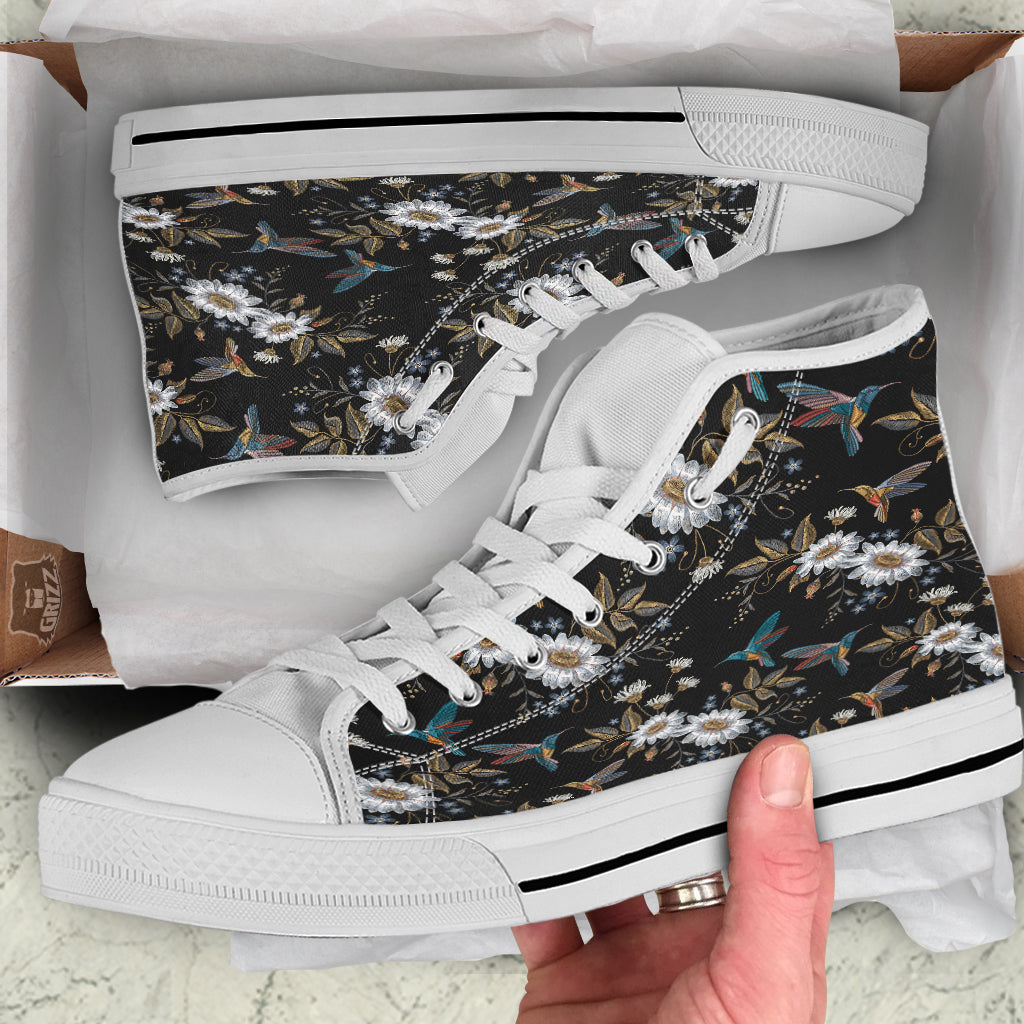 Hummingbird Floral Vintage Print Pattern White High Top Shoes-grizzshop