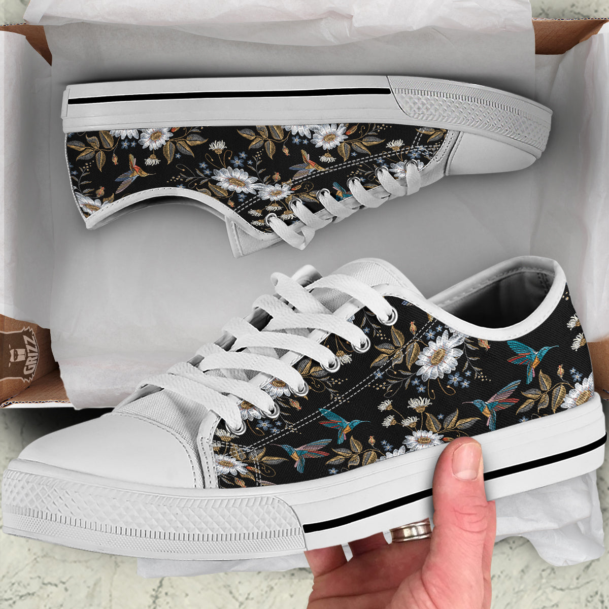 Hummingbird Floral Vintage Print Pattern White Low Top Shoes-grizzshop