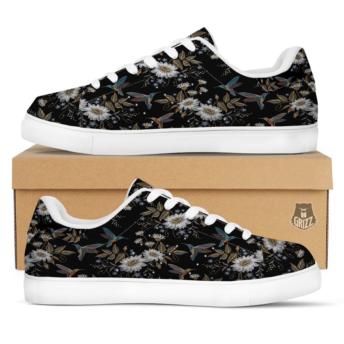 Hummingbird Floral Vintage Print Pattern White Low Top Sneakers-grizzshop