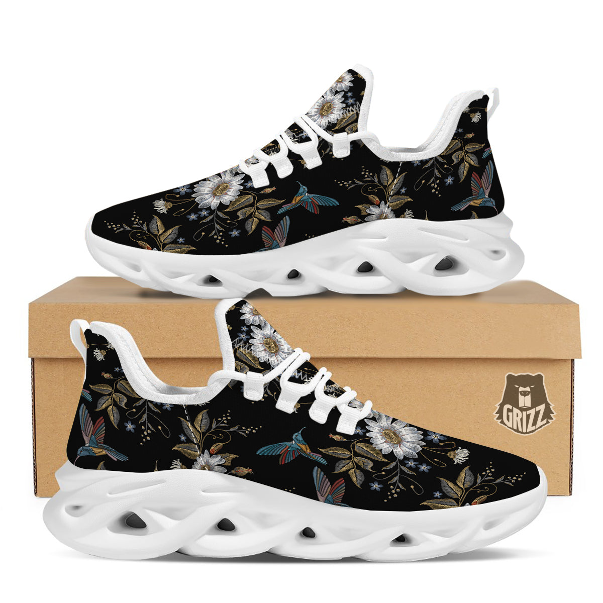 Hummingbird Floral Vintage Print Pattern White Running Shoes-grizzshop