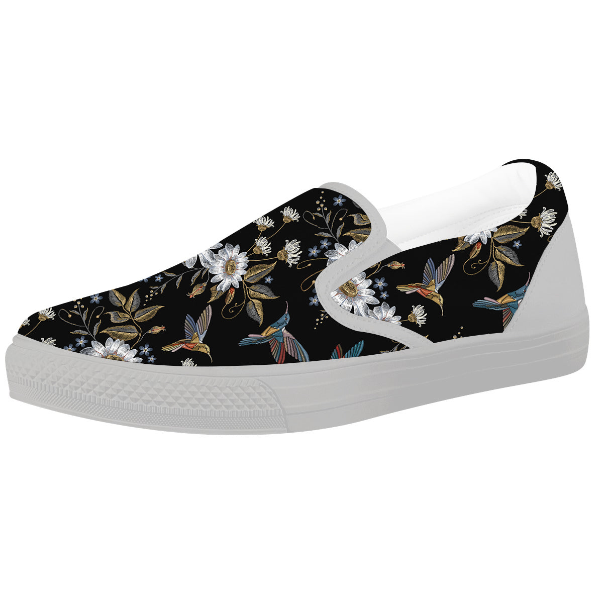 Hummingbird Floral Vintage Print Pattern White Slip On Shoes-grizzshop