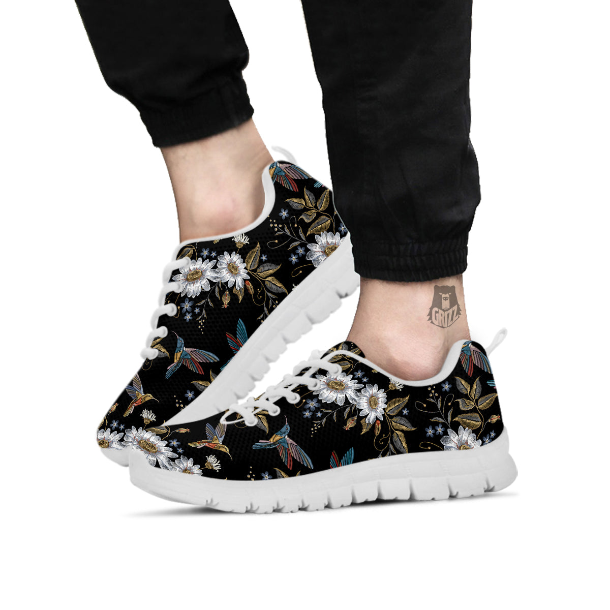 Hummingbird Floral Vintage Print Pattern White Sneaker-grizzshop