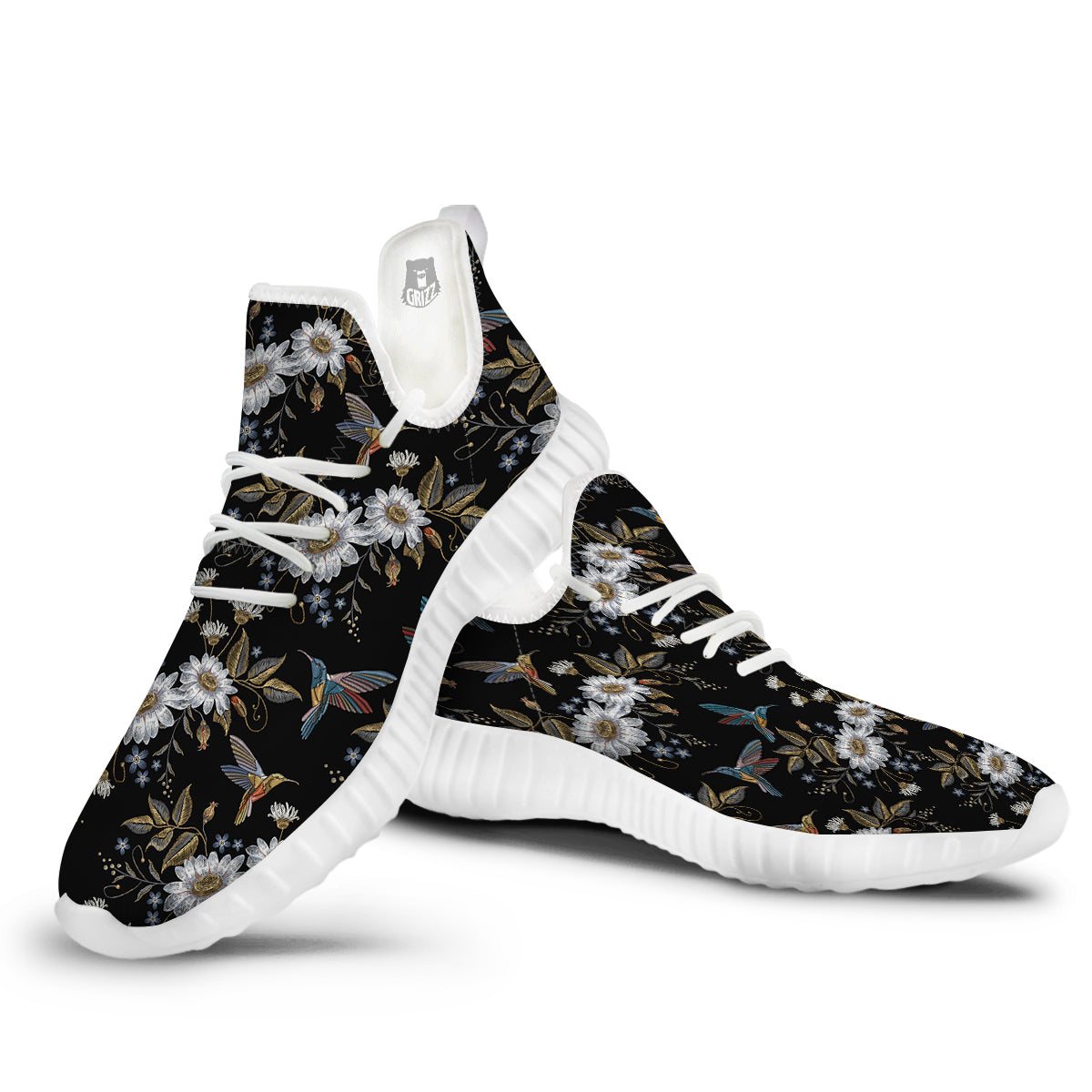 Hummingbird Floral Vintage Print Pattern White Walking Shoes-grizzshop