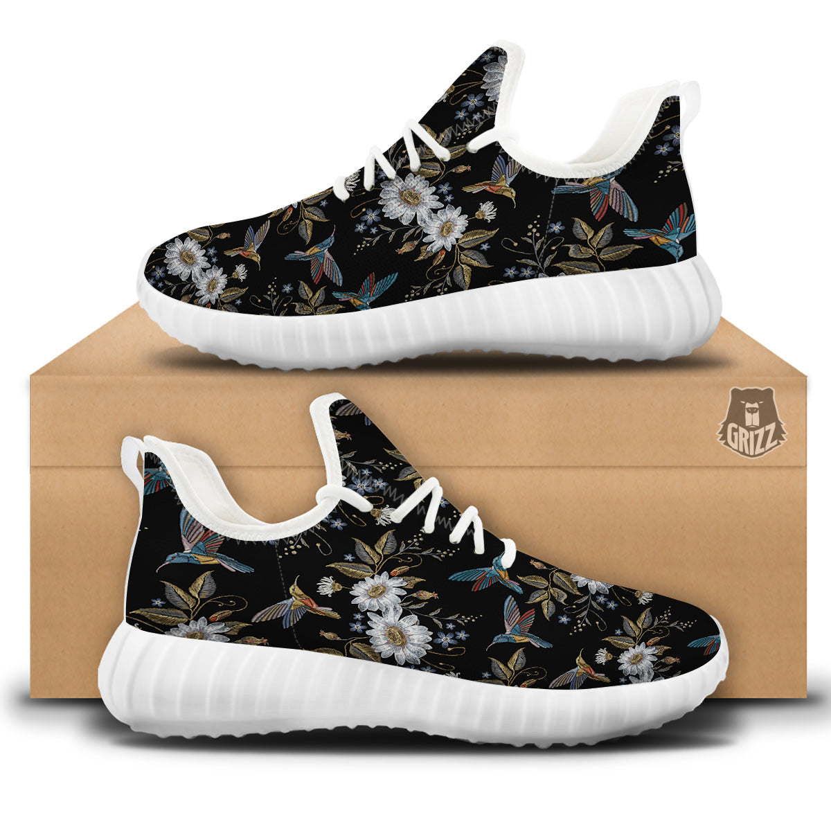 Hummingbird Floral Vintage Print Pattern White Walking Shoes-grizzshop