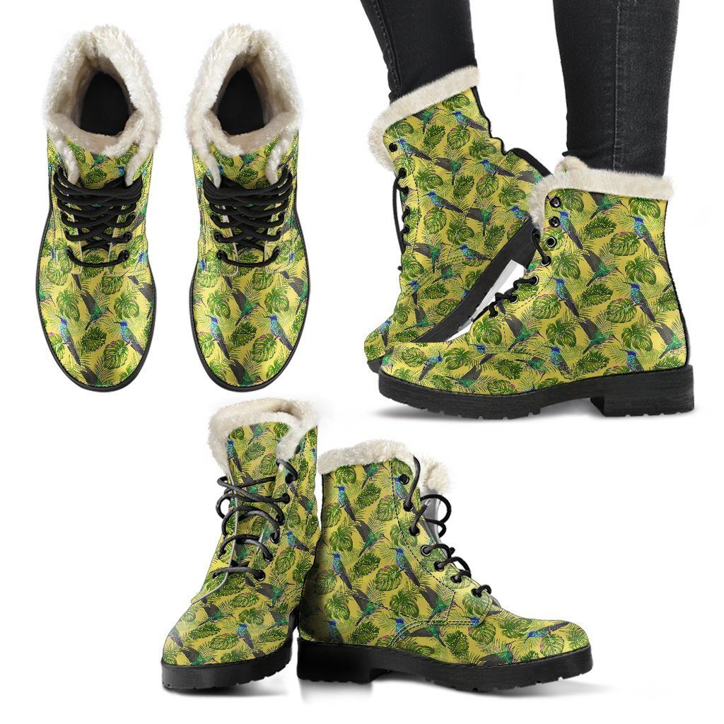 Hummingbird Palm Leaves Pattern Print Comfy Winter Boots-grizzshop