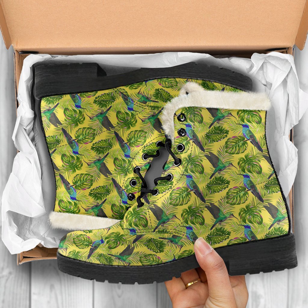 Hummingbird Palm Leaves Pattern Print Comfy Winter Boots-grizzshop