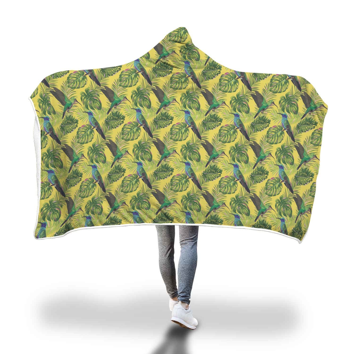 Hummingbird Palm Leaves Pattern Print Hooded Blanket-grizzshop