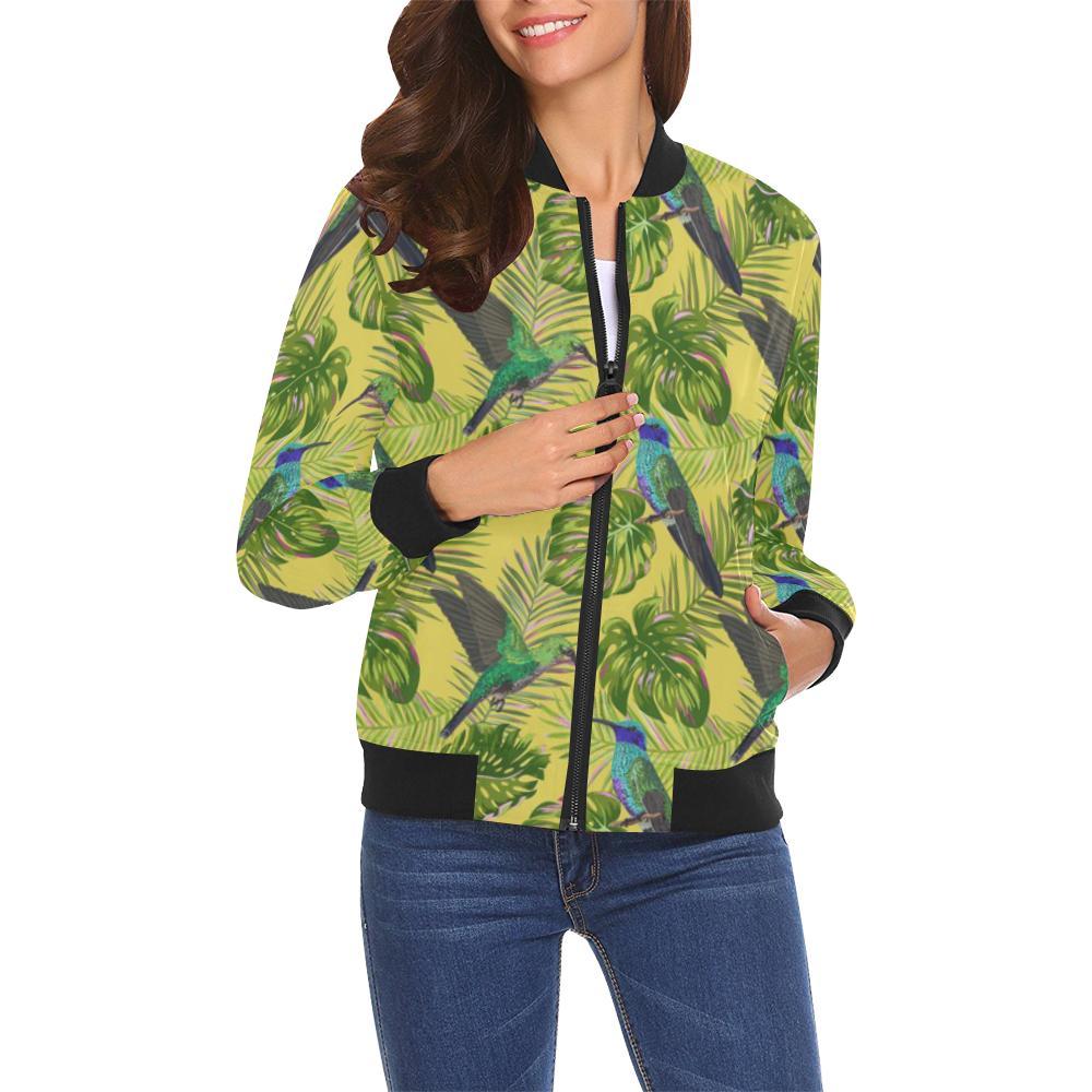 Hummingbird Palm Leaves Pattern Print Women Casual Bomber Jacket-grizzshop