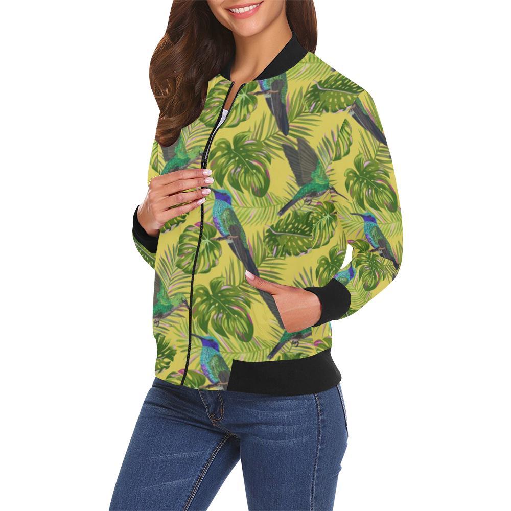 Hummingbird Palm Leaves Pattern Print Women Casual Bomber Jacket-grizzshop